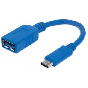 Image of Manhattan USB-C to USB-A Cable 15cm Male to Female 5 Gbps (USB 3.2 Gen1 aka USB 3.0) 3A (fast charging) SuperSpeed USB Blue Lifetime Warranty Polybag