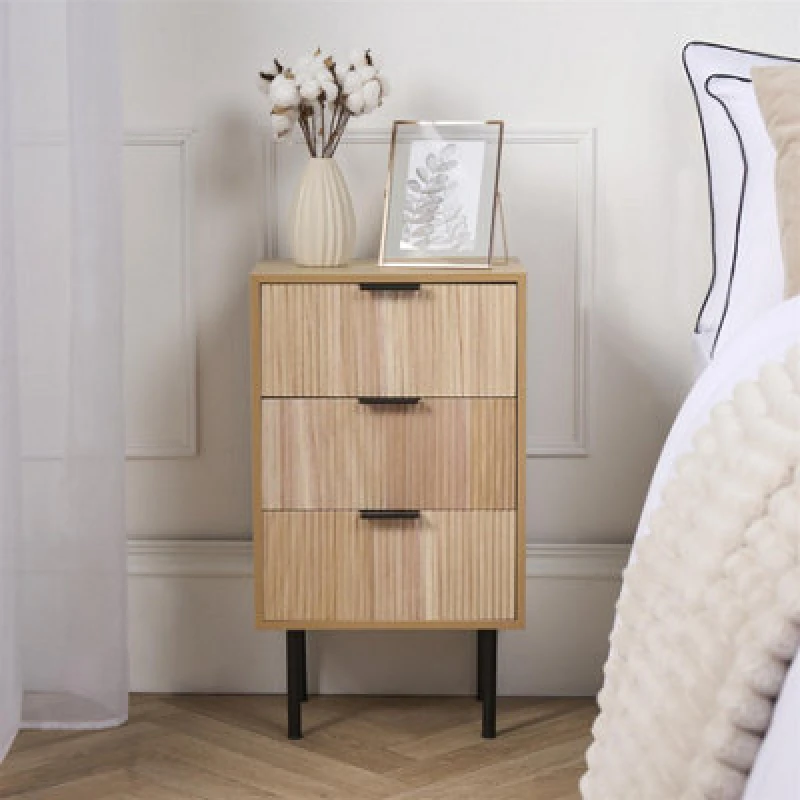 Image of OHS OHS Ribbed Bedside Table Modern Bedroom 3 Draw Office Nightstand in Natural Natural One Size Unisex 5027434212811