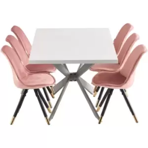 Image of 7 Pieces Life Interiors Vittorio Duke Dining Set - a White Rectangular Dining Table and Set of 6 Pink Dining Chairs - Pink