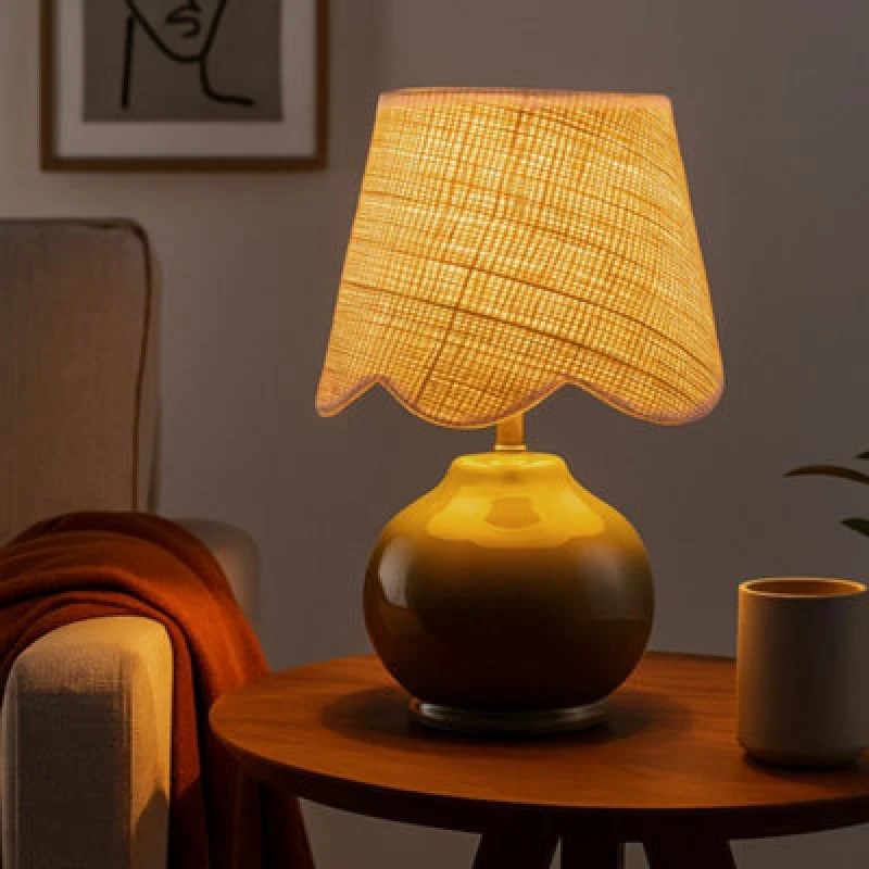 Image of Lighting Collection Green Ceramic Table Lamp With Scallop Cane Shade