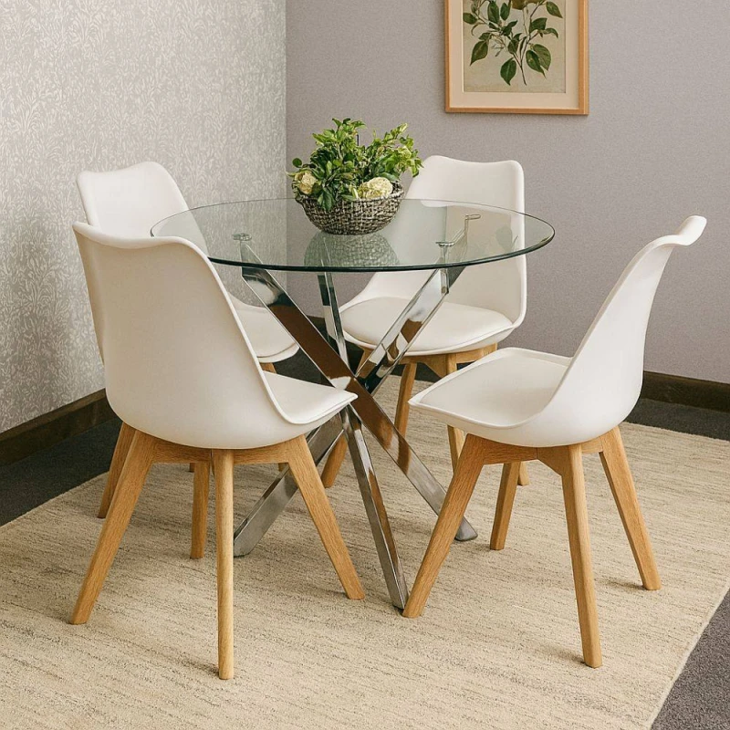 Image of Kosy Koala Round Glass Dining Table With 4 Cream Chairs Dining Table Set, Multi MAYARND+4CRMTUL
