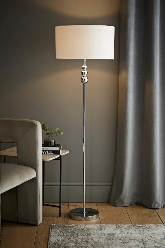 Image of ValueLights Marissa Fabric Drum Shade with Chrome Stacked Ball Floor Lamp White