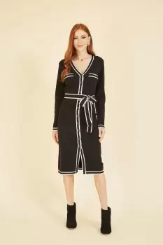 Image of Black Knitted Shirt Dress With Contrast Border