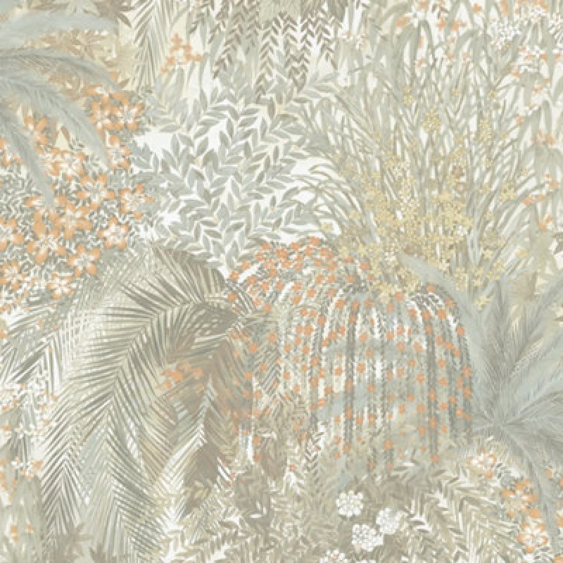 Image of Grandeco Paradise Trees Foliage And Flowers Smooth Wallpaper, Neutral Teal Orange
