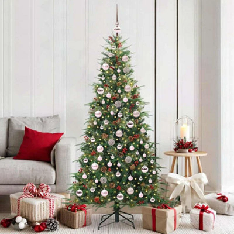 Image of vidaXL Artificial Hinged Christmas Tree with Pink Balls Green 180cm PE and PVC, Green 3397421
