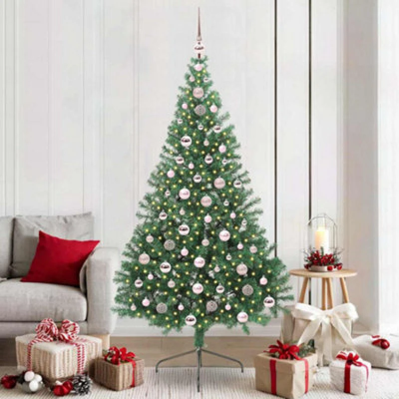 Image of vidaXL Artificial Pre-lit Christmas Tree with Pink Balls Green 210cm PVC, Green 3397026