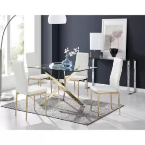 Image of Furniturebox Leonardo 120cm Modern Glass And Gold Metal Leg Dining Table And 4 White Milan Faux Leather Gold Leg Dining Chairs