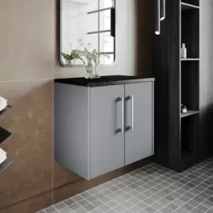 Image of Hudson Reed Juno Wall Hung 2-Door Vanity Unit with Sparkling Black Worktop 600mm Wide - Coastal Grey