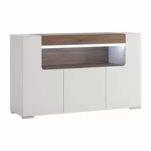 Image of Toronto 3 Door Sideboard With Open Shelving (inc. Plexi Lighting) In White And Oak Effect