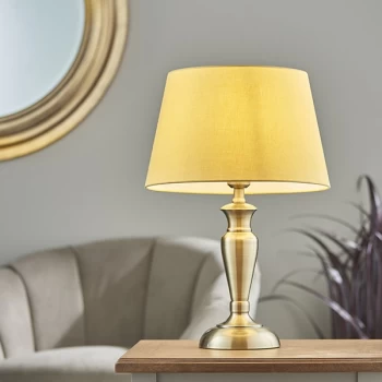 Image of Evie Table Lamp Antique Brass Plate & Yellow Cotton 1 Light IP20 - E27