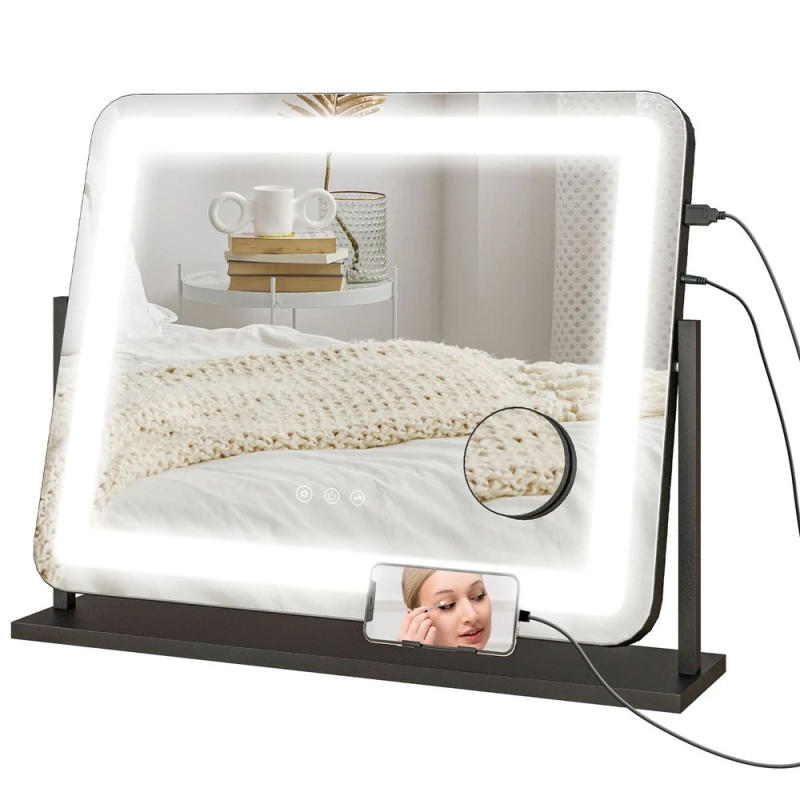 Image of HOMCOM HOMCOM Vanity Mirror with 3 Colour LED Light Magnifier USB Port Touch Screen in Black One Size Unisex 5056725561499