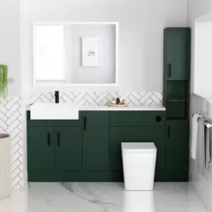 Image of 1800mm - 2100mm Green Toilet and Sink Unit with Tall Cabinet Marble Effect Worktop and Black Fittings - Coniston
