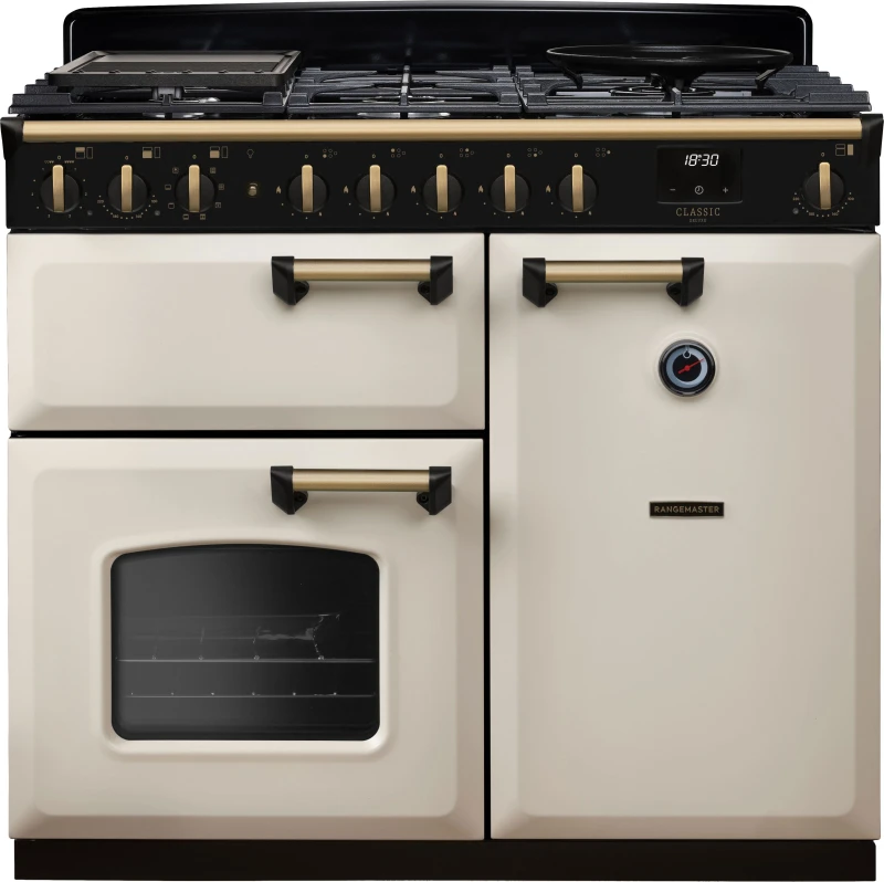 Image of Rangemaster Classic Deluxe 100 Dual Fuel CLDL100DFPPCR/AB1 100cm wide Dual Fuel Range Cooker with Gas Hob - Cream / Antique Brass - A Rated