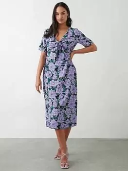 Image of Dorothy Perkins Floral Tie Front Midi Dress - Lilac, Purple, Size 12, Women