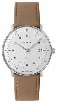 Image of Junghans 41/4562.02 Mens Max Bill White Dial Beige Leather Watch