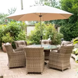 Image of Katie Blake Seville 6 Seat Round Dining Set with Parasol and Base - Natural