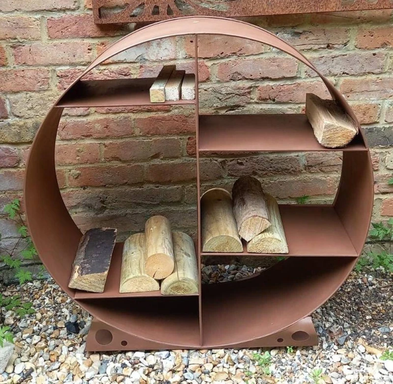 Image of Inspirational Gifting Large Steel Round Log Store & Shelves Metal Log Holder Log Storage in Rustic 80cm in Brown Brown Unisex
