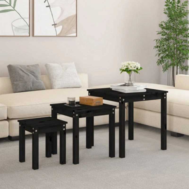Image of Vidaxl Nesting Tables 3 Pcs Black Solid Wood Pine, Black 824977