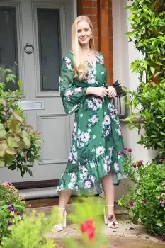 Image of Green Watercolour Floral Dip Hem Midi Dress