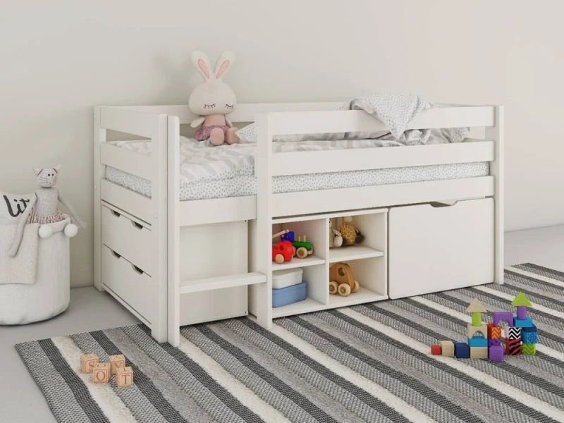 Image of Noomi Shorty Mid Sleeper Bed with Full Set in White Size: Junior White Unisex Junior