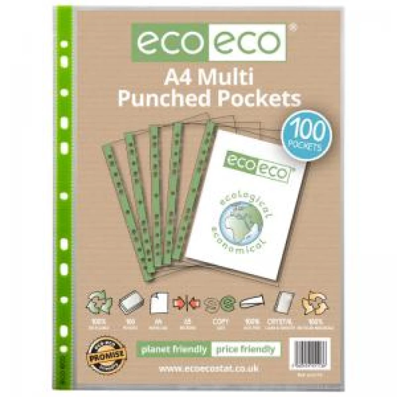 Image of Eco Eco 100% Recycled Punched Pocket A4 Clear (100 Pack) eco113-S