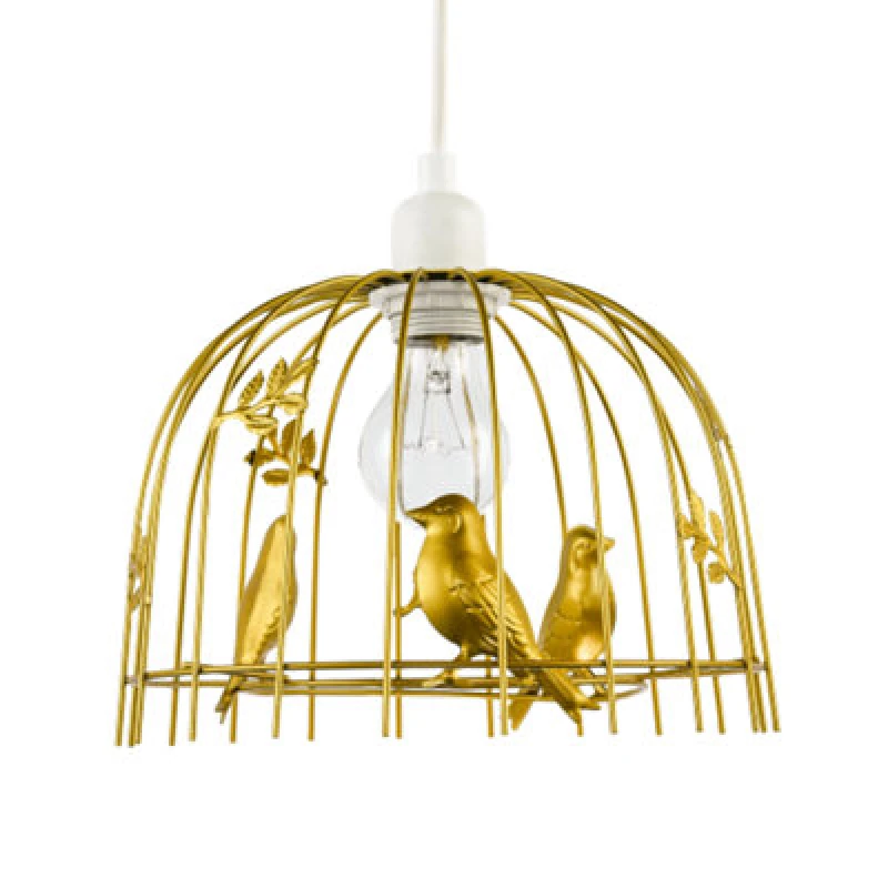 Image of Happy Homewares Chic Birdcage Pendant Shade In Satin Gold Metal With Birds And Leaves