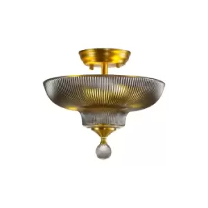 Image of Dresden 2 Light Semi Flush Ceiling Lamp E27 With Round 30cm Glass Shade Satin Gold, Smoked