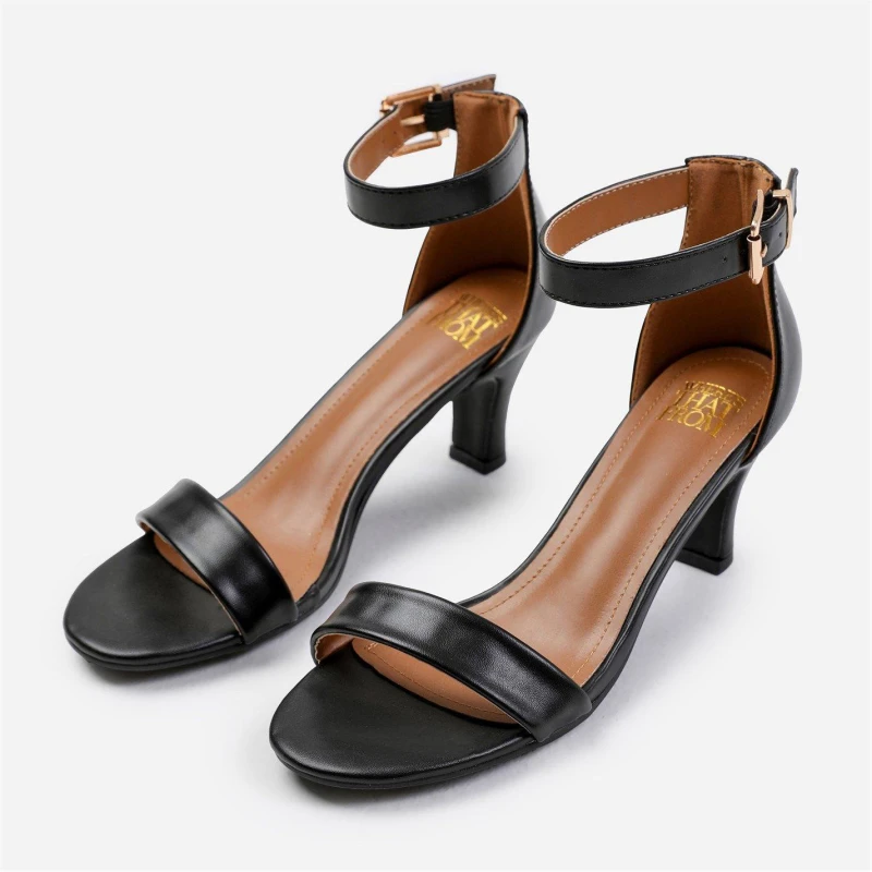 Image of Wheres That From Madrid Mid Block Heel With Ankle Strap In Black Pu Black Pu female 6
