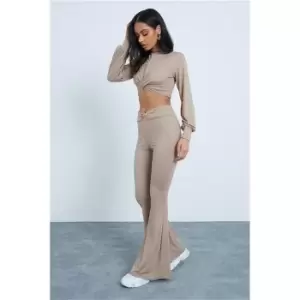 Image of I Saw It First Stone Super Soft Twist Detail Crop Top And Matching Flare Set - Brown