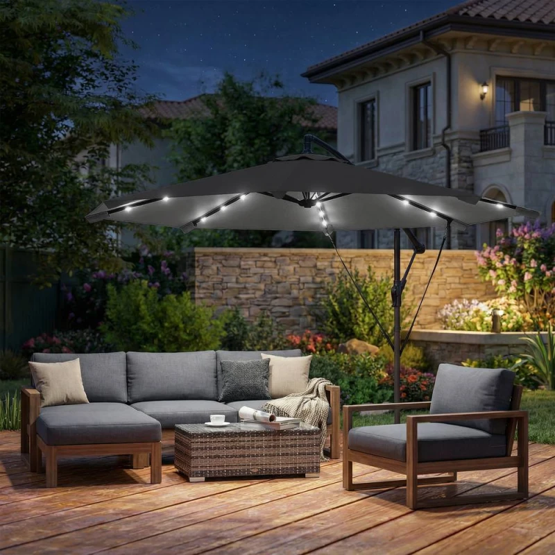 Image of OUTSUNNY 3m Cantilever Parasol Solar LED Lights, Black Size: 3m Black Unisex 3m