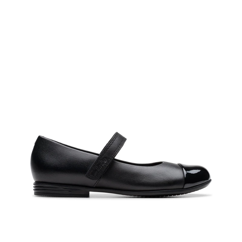 Image of Clarks Finja Gem Kid Black Leather Mary Jane, Riptape, School Shoes Size: 11-Wide Fit Black Unisex 11-Wide Fit