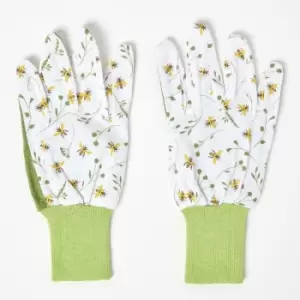 Image of Green and White Gardening Gloves with Floral Bee Design - Green and White - Homescapes