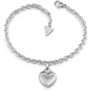 Image of GUESS rhodium plated bracelet with logo heart charm.
