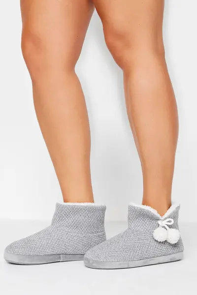 Image of Yours Wide Fit Fluffy Chevron Slipper Boots Grey
