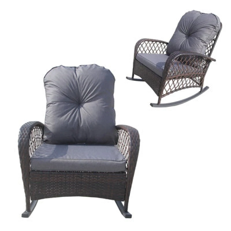 Image of Patio Rattan Rocking Chair, Relaxer Wicker Rocker Armchair With Soft Cushion, All-Weather Steel Frame - Brown