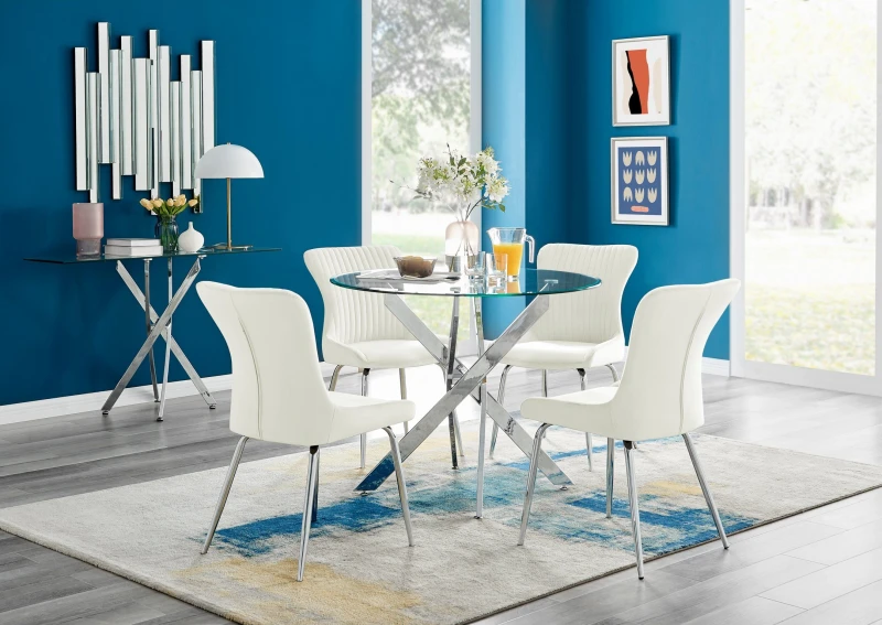 Image of FurnitureboxUK FurnitureboxUK Novara Round Glass Dining Table & 4 Nora Silver Leg Chairs in Cream Cream One Size Unisex 5056657178734