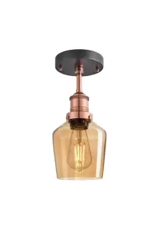 Image of Brooklyn Tinted Glass Schoolhouse Flush Mount, 5.5 Inch, Amber, Copper Holder