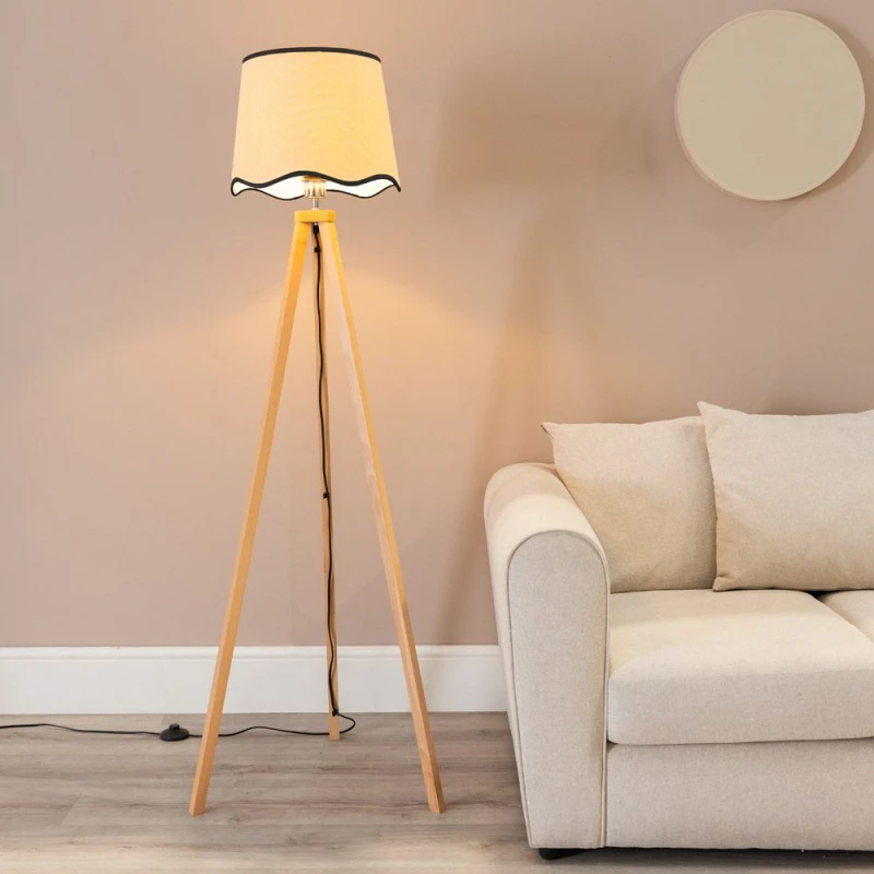 Image of ValueLights Barbro Light Wood Tripod Floor Lamp with Linen Scallop Edge Shade and LED Bulb Black