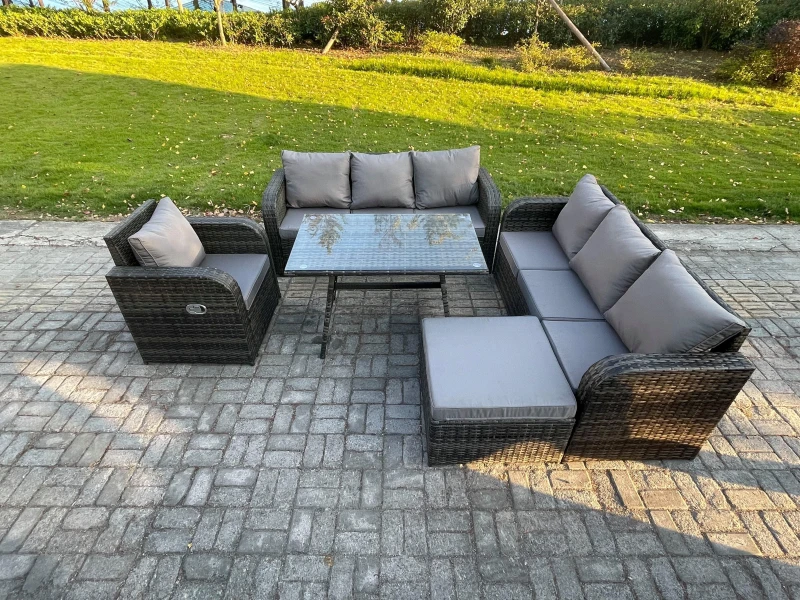 Image of Fimous Outdoor Lounge Sofa Set Wicker PE Rattan Garden Furniture Set with Rectangular Dining Table Reclining Chair Big Footstool Dark Grey Mixed Dark