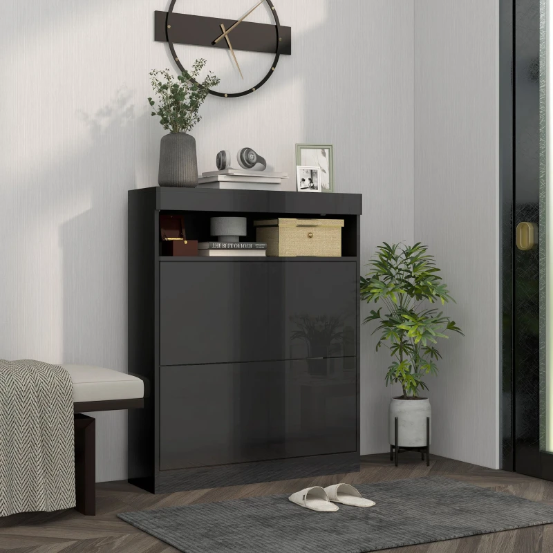 Image of HOMCOM Wall Mounted or Freestanding Shoe Cabinet with 2 Flip Drawers - White - High Gloss Black TJ Hughes 5056725538842