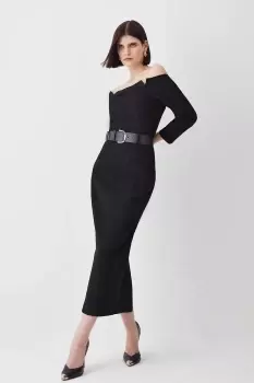 Image of Structured Crepe Off Shoulder Belted Pencil