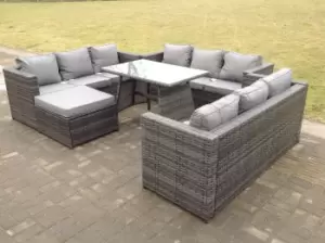 Image of Fimous 9 Seater Outdoor Dark Grey Rattan Lounge Complete Sofa Set with Regular Dining Table and Big Footstool
