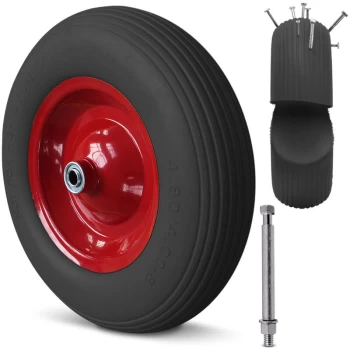 Image of PU Wheelbarrow Wheel Rubber 200 kg 4.80/4.00-8 Ø 390 mm Axle Spare Wheel Steel Rim Black - Gardebruk