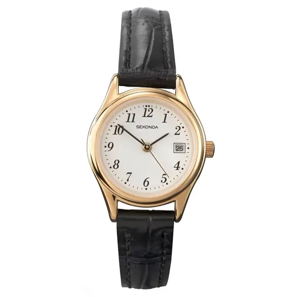 Image of Sekonda 4082.27 Gold Plated Black Leather Strap Watch - W32223