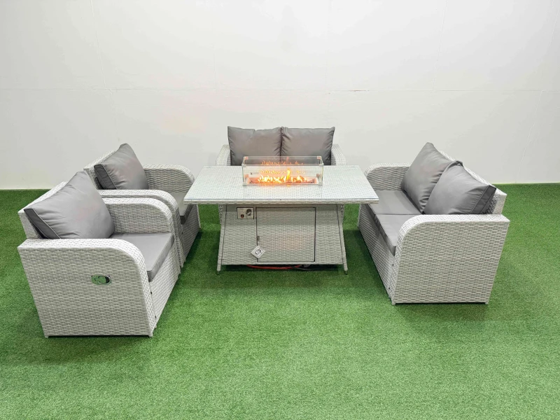 Image of Fimous 6 Seater Outdoor Reclining Chair Love Sofa Set Rattan Garden Furniture Set with Firepit Dining Table Light Grey Light Grey