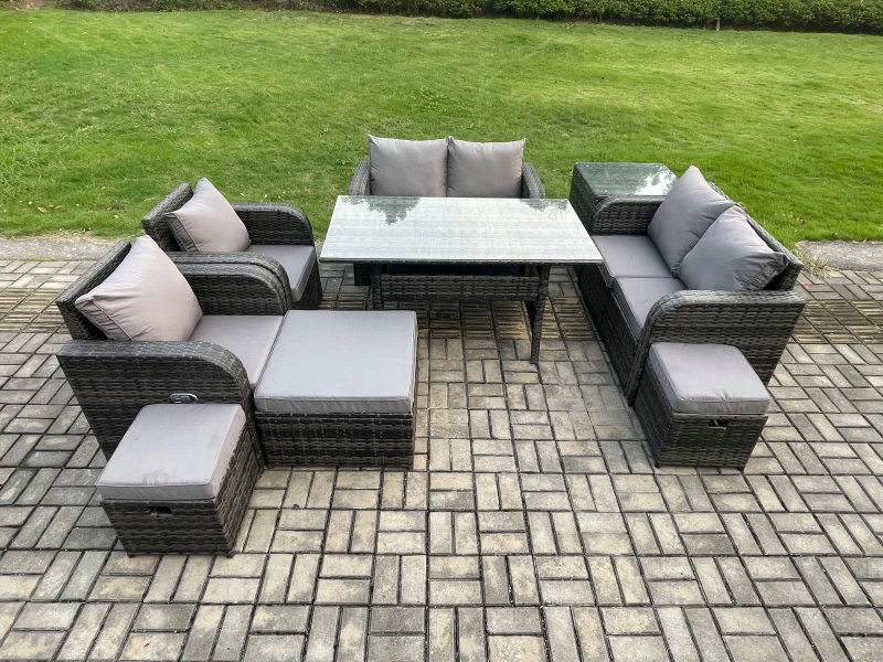 Image of Fimous Outdoor Rattan Garden Furniture 9 piece Grey Patio Furniture Set 9 Seater Lounge Sofa Set with Rectangular Table in Dark Grey Dark Grey Unisex