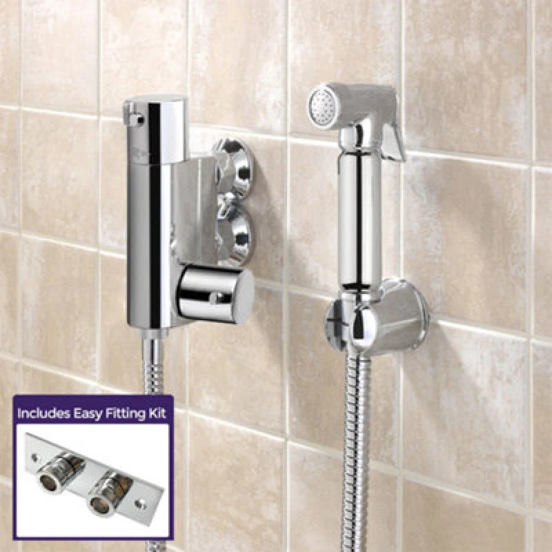 Image of Nes Home Chrome Bidet Douche & Mini Thermostatic Bar Valve Spray Kit Muslim Shataff with Easy Fittings Silver