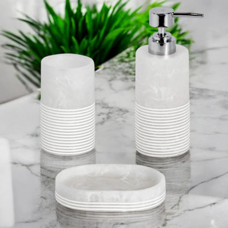 Image of Showerdrape Bianco Frost Onyx White Striped 3 Piece Bathroom Accessory Set, White BIA-3SET