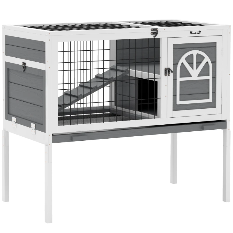 Image of PawHut PawHut Wooden Rabbit Hutch, Small Animal House w/ Removable Tray, Openable Roof - Grey