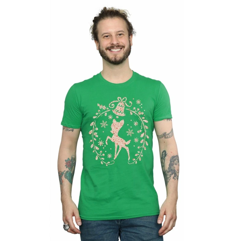 Image of Disney Men Bambi Christmas Wreath T-Shirt in Green Size: Small Green S Male 5057245990905